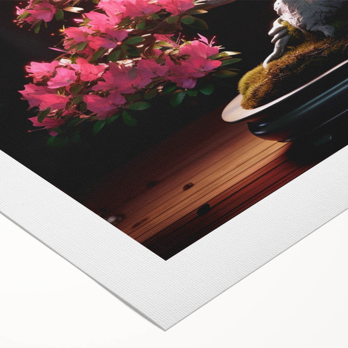 Botanical bonsai tree wall art design on rolled canvas, showcasing intricate floral patterns in vibrant colors, perfect for home decor or artistic display.