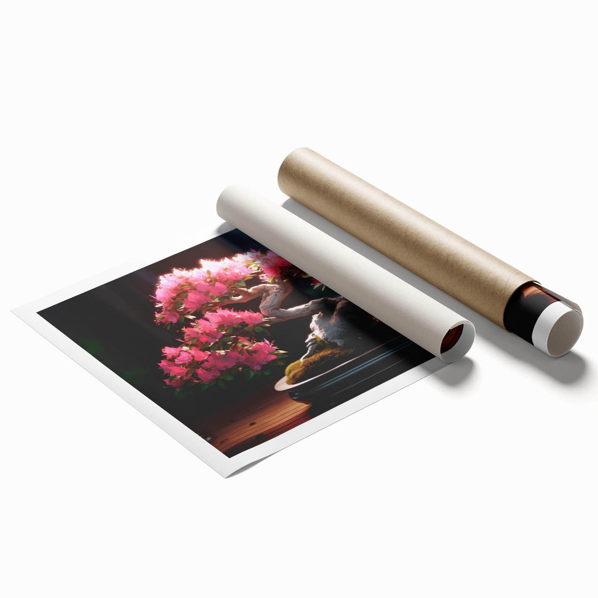 Botanical bonsai tree wall art design on rolled print, showcasing intricate floral details and vibrant colors, ideal for home decor and nature enthusiasts.