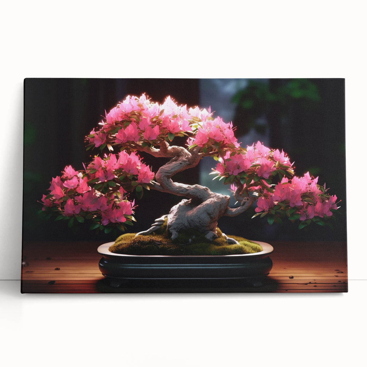 Botanical bonsai tree wall art design on stretched canvas, showcasing vibrant green foliage and intricate detailing, perfect for home decor or nature enthusiasts.