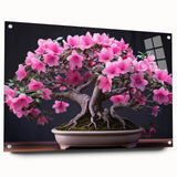 Side view of a botanical bonsai tree wall art piece, featuring vibrant colors and intricate details, displayed in a sleek acrylic glass frame with pins, perfect for home decor.