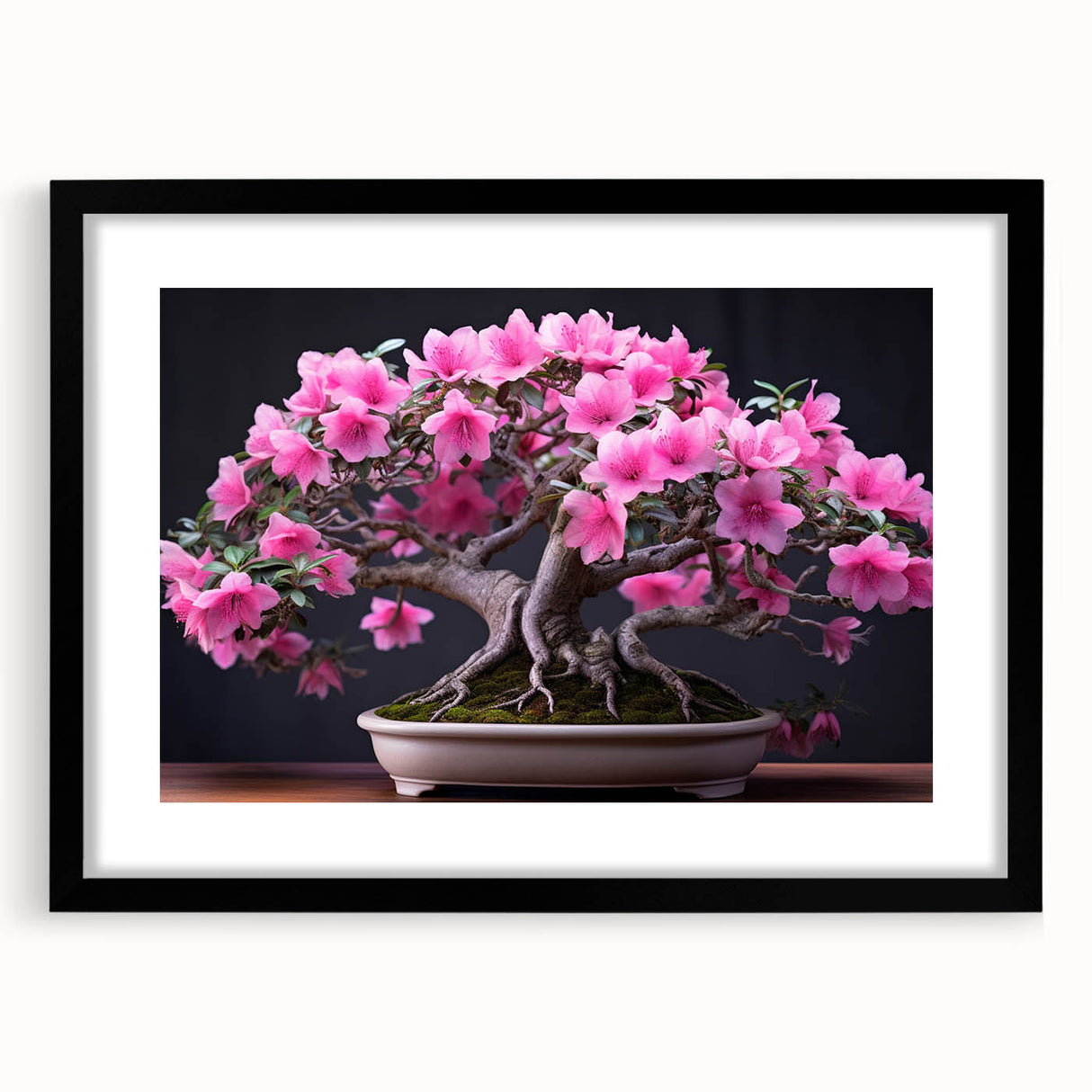 Botanical bonsai tree wall art print featuring vibrant flowers and a sleek black frame, ideal for home decor, adding a touch of nature-inspired elegance to any room.