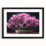 Botanical bonsai tree wall art print featuring vibrant flowers and a sleek black frame, ideal for home decor, adding a touch of nature-inspired elegance to any room.