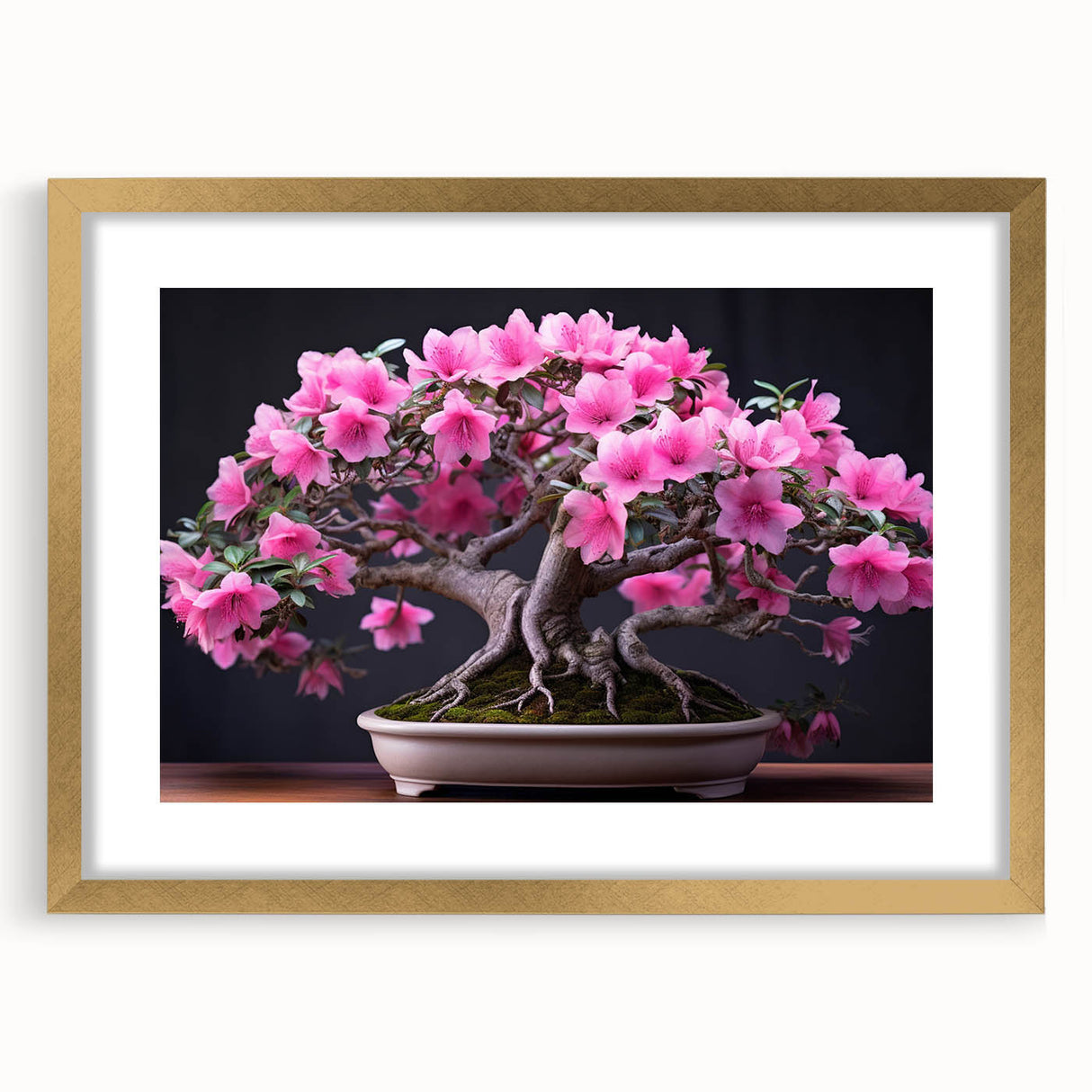 Botanical bonsai tree wall art design featuring colorful floral elements, framed in elegant gold with a mat, ideal for home decor and nature enthusiasts.