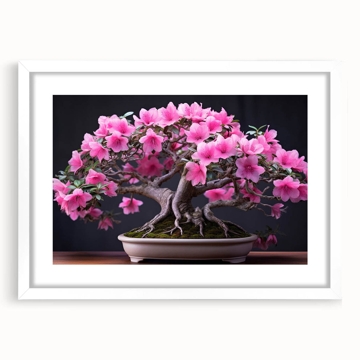 Botanical bonsai tree wall art in a white frame, showcasing vibrant flowers and intricate details, ideal for home decor and nature enthusiasts.