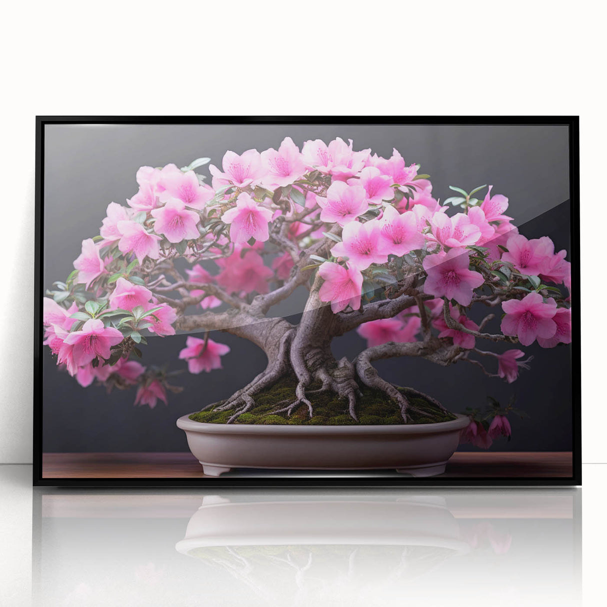 Framed wall art featuring a botanical bonsai tree design on a black background, showcasing intricate floral details and vibrant colors, ideal for home decor.