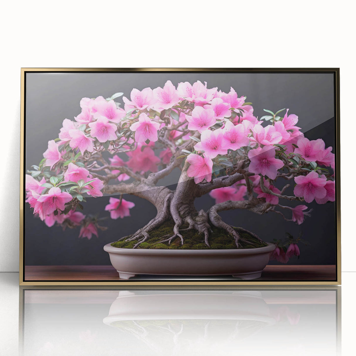 Framed wall art featuring a botanical bonsai tree design in vibrant colors, set in a gold-accented frame, perfect for home decor and nature enthusiasts.
