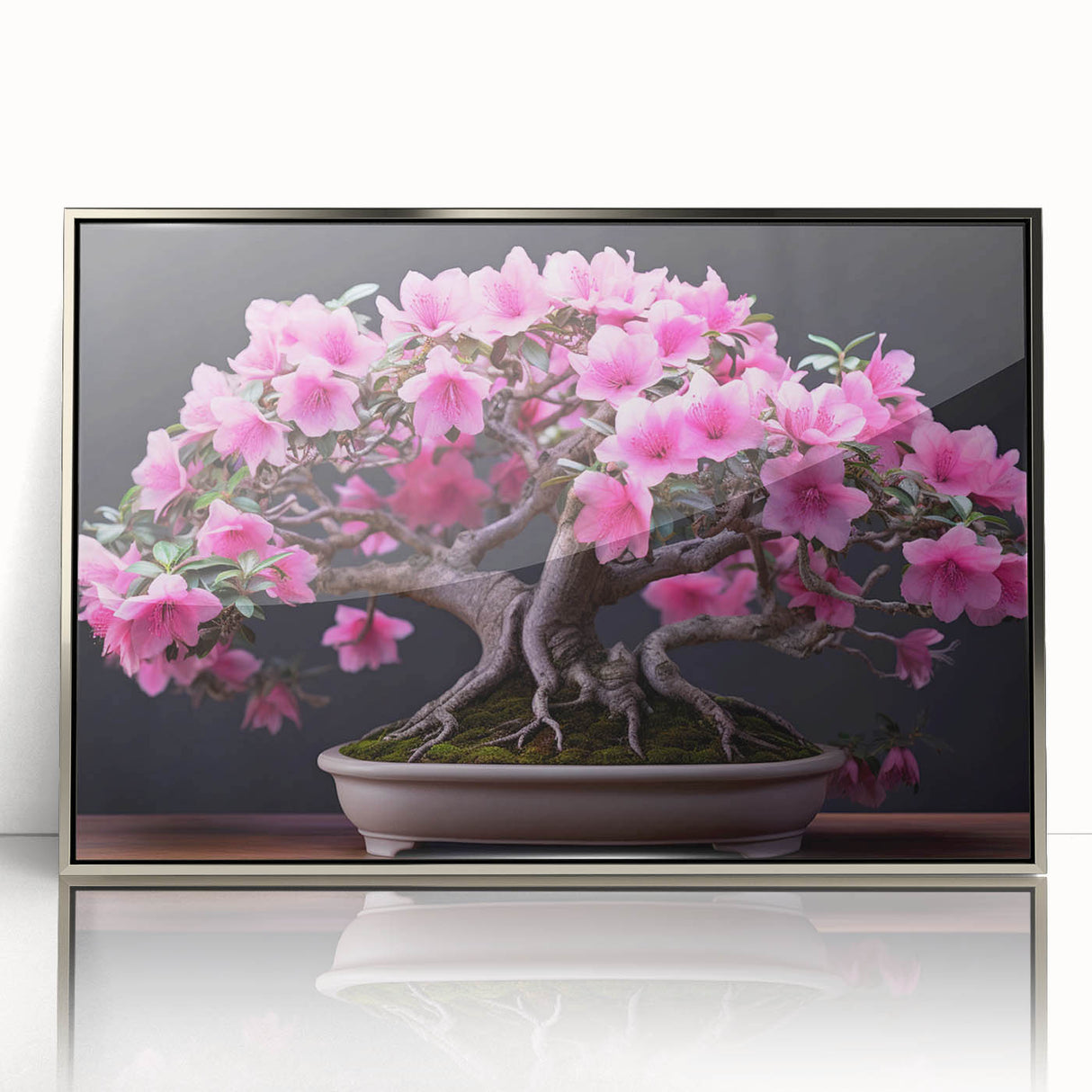 Framed botanical wall art showcasing a vibrant bonsai tree design with colorful flowers, set in a sleek silver frame, perfect for home decor.