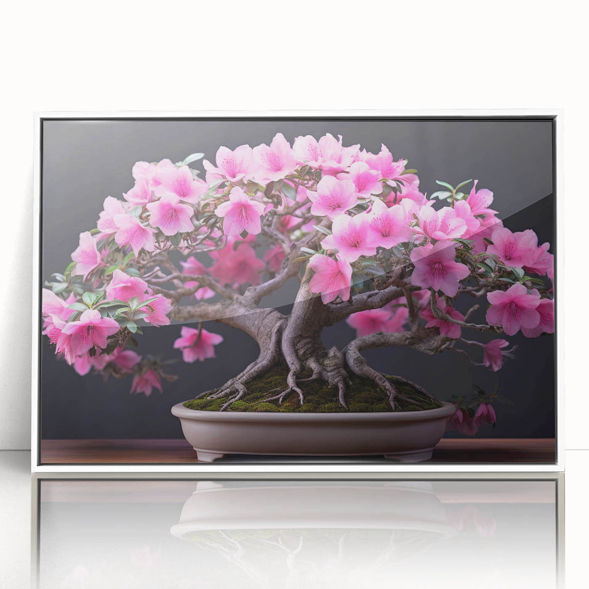 Framed wall art showcasing a botanical bonsai tree design, featuring delicate floral patterns and a crisp white frame, ideal for home decor or office spaces.
