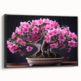 Framed wall art featuring a botanical bonsai tree design, showcasing intricate details in vibrant colors on a black background, perfect for home decor.