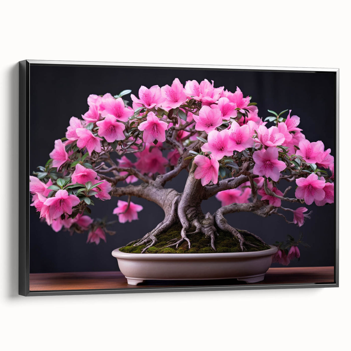 Framed wall art featuring a botanical bonsai tree design, showcasing intricate details in vibrant colors on a black background, perfect for home decor.