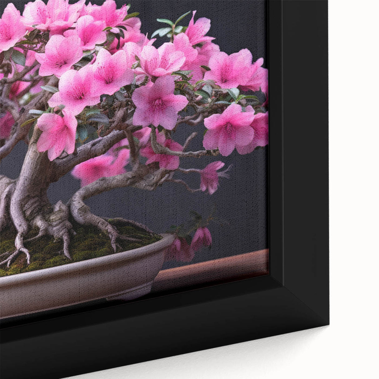 Close-up of a framed botanical bonsai tree wall art piece, showcasing intricate floral designs and vibrant colors, perfect for home decor enthusiasts.