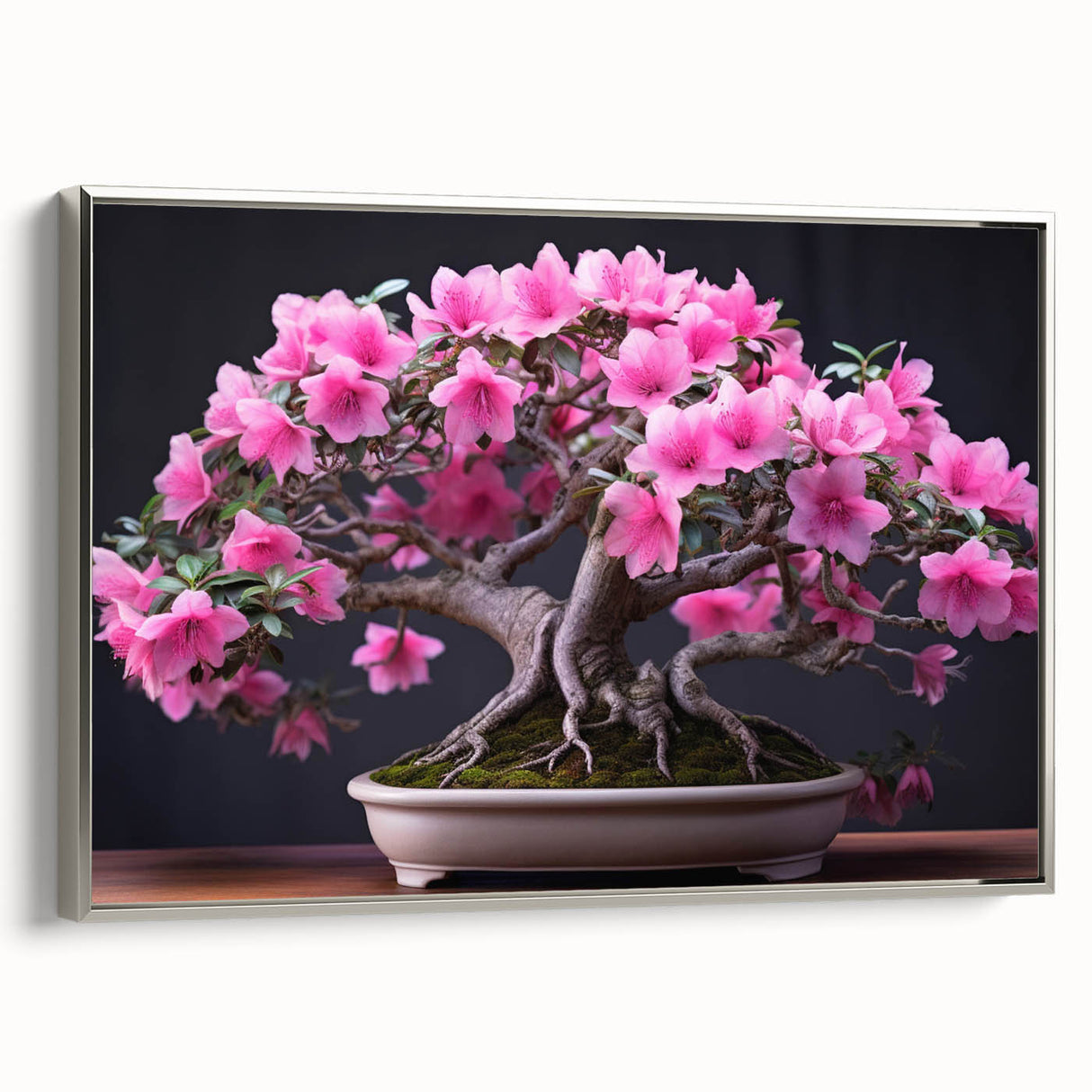 Framed botanical wall art showcasing a detailed bonsai tree design with vibrant colors on a silver background, perfect for home decor or office spaces.