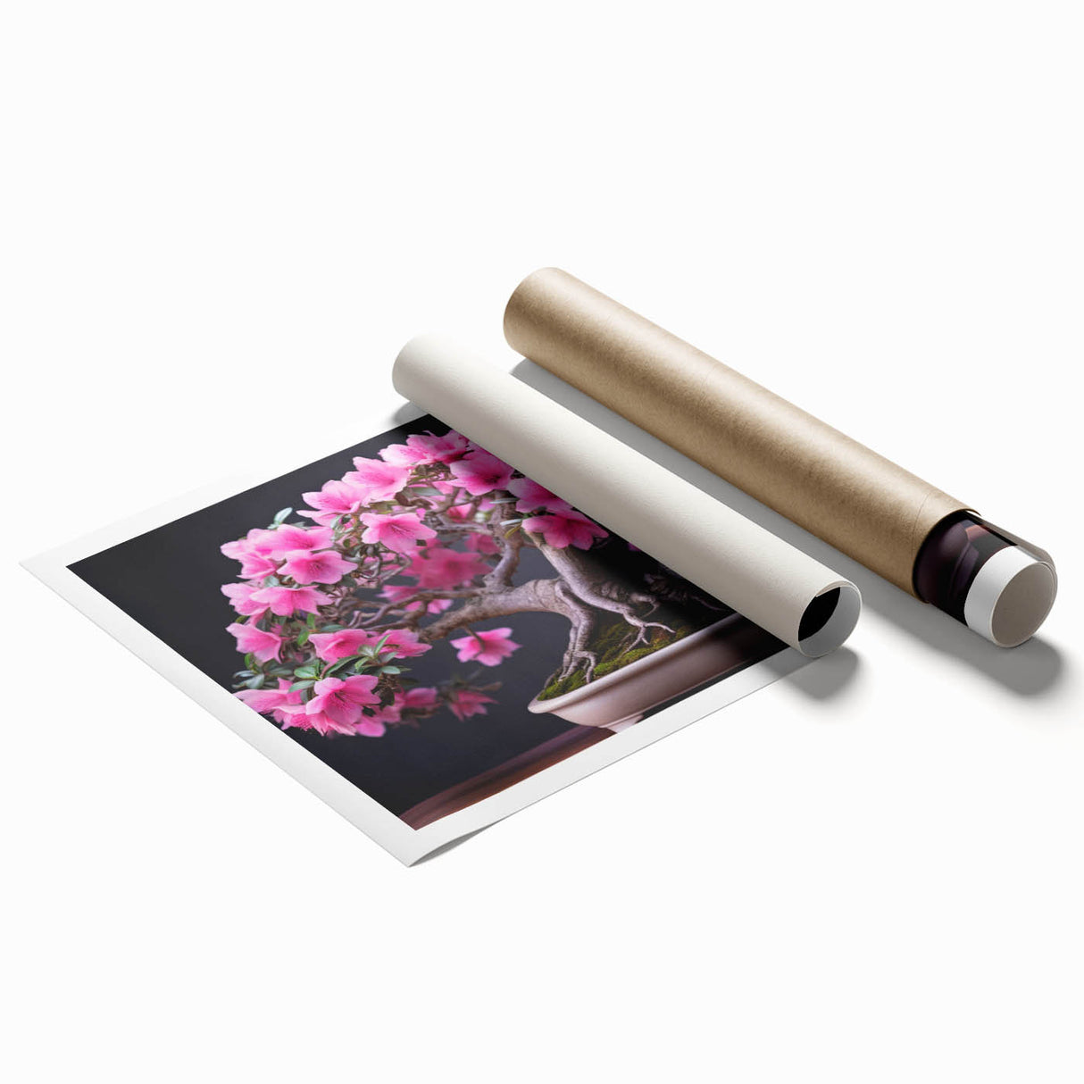Botanical bonsai tree wall art print featuring vibrant flowers and intricate details, rolled for easy display. Perfect for nature enthusiasts and home decor.