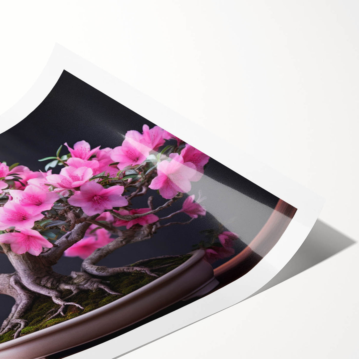 Botanical bonsai tree wall art print featuring a vibrant floral design in rich colors, rolled and ready for framing, perfect for home decor enthusiasts.