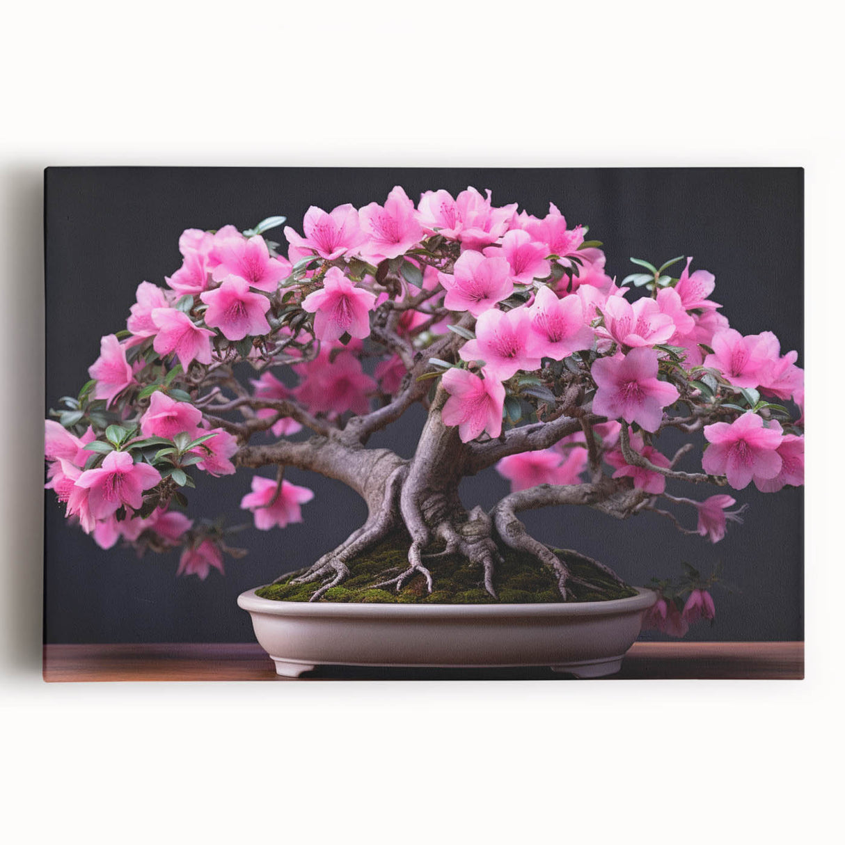 Botanical bonsai tree wall art on stretched canvas, showcasing intricate floral designs in vibrant colors, perfect for home decor and nature enthusiasts.