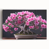 Botanical bonsai tree wall art on stretched canvas, showcasing intricate floral designs in vibrant colors, perfect for home decor and nature enthusiasts.