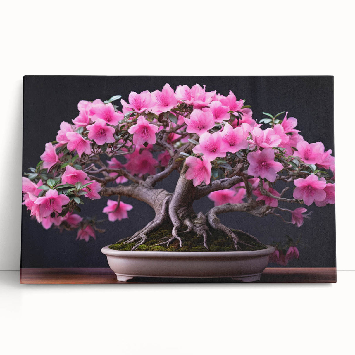 Bonsai tree wall art design featuring vibrant floral elements on a stretched canvas, elegantly leaning against a wall, perfect for home decor enthusiasts.