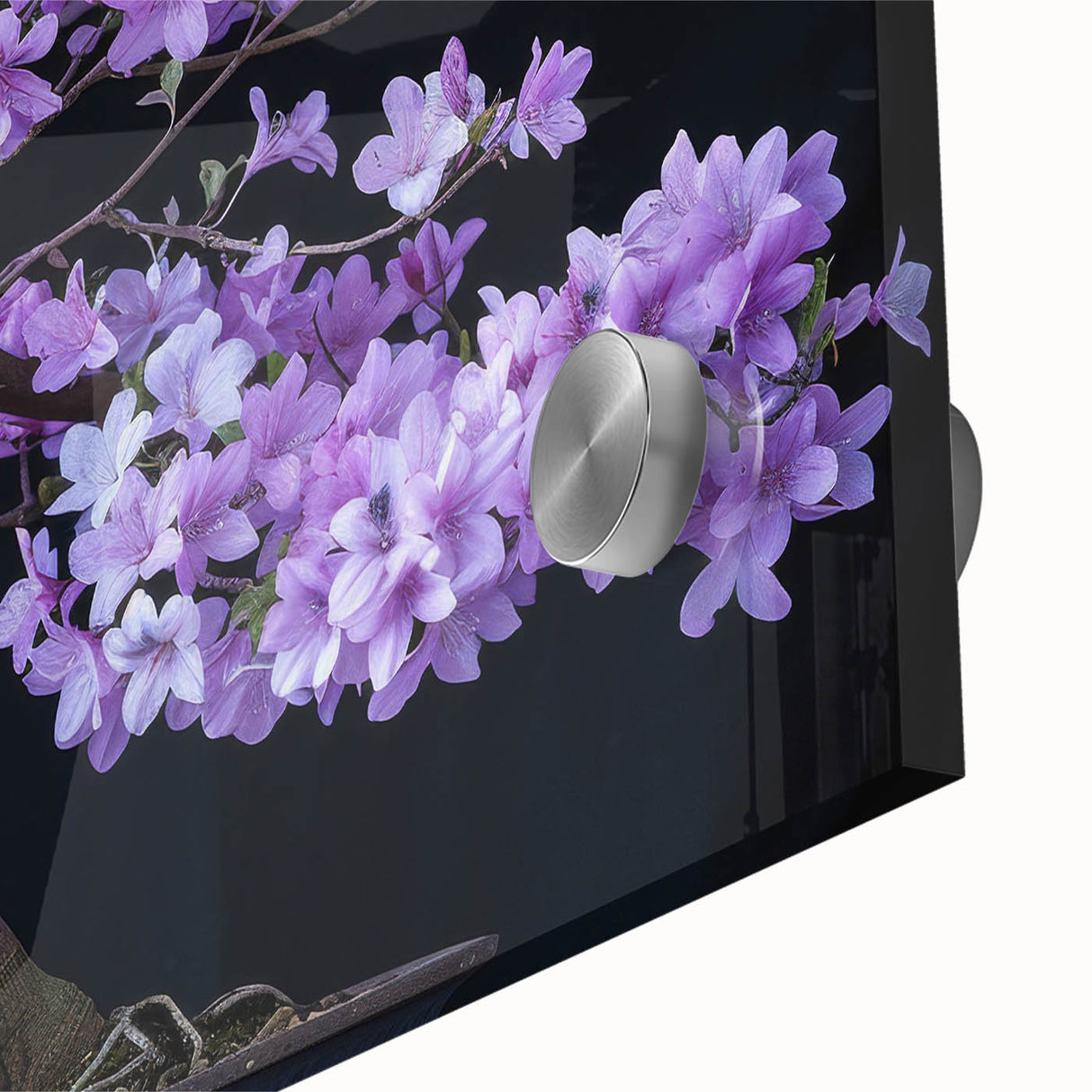 Close-up of a botanical bonsai tree wall art design featuring vibrant flowers, printed on high-quality acrylic glass, perfect for home decor enhancement.