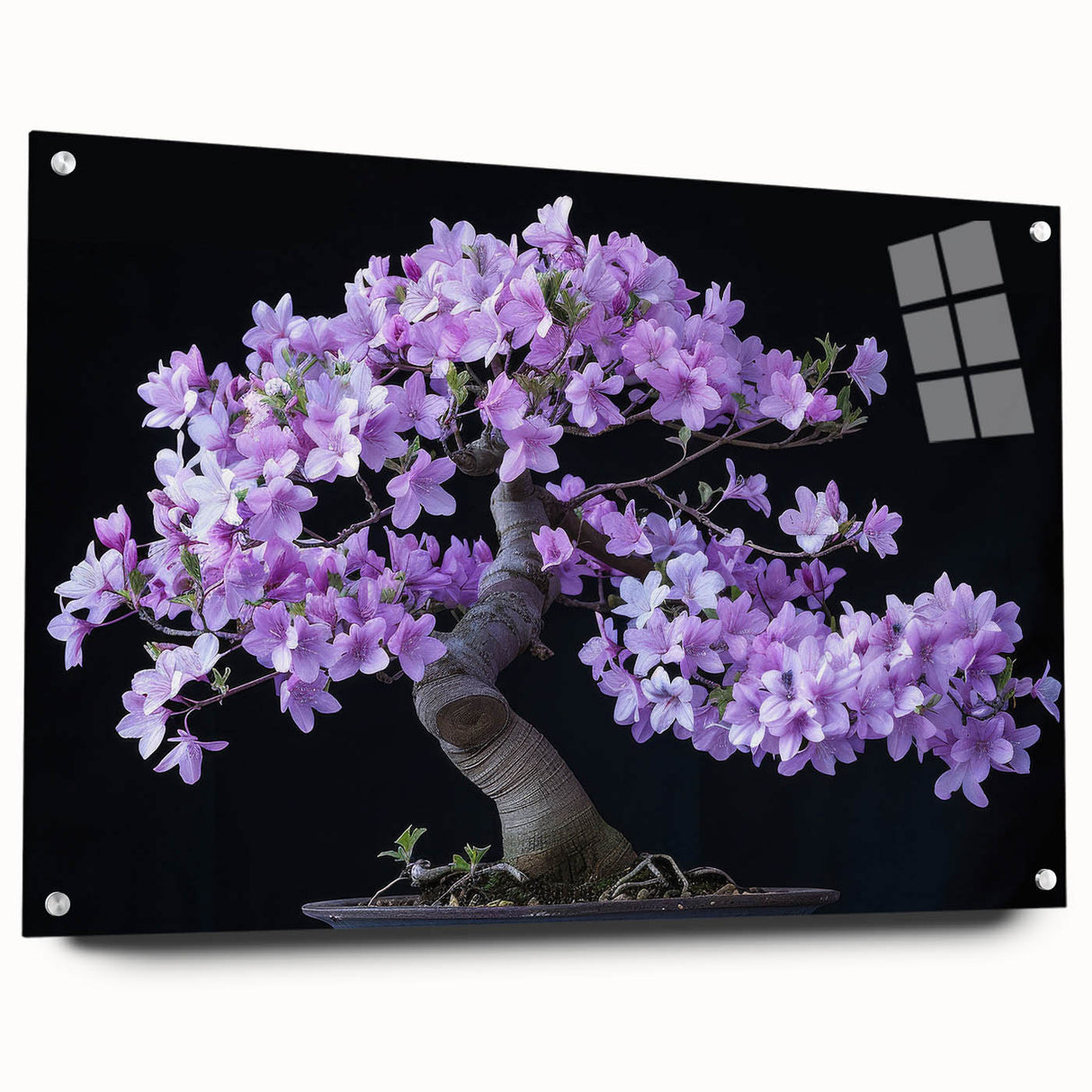 Botanical bonsai tree wall art design in acrylic glass, featuring vibrant colors and intricate details, displayed from a side view with decorative pins.