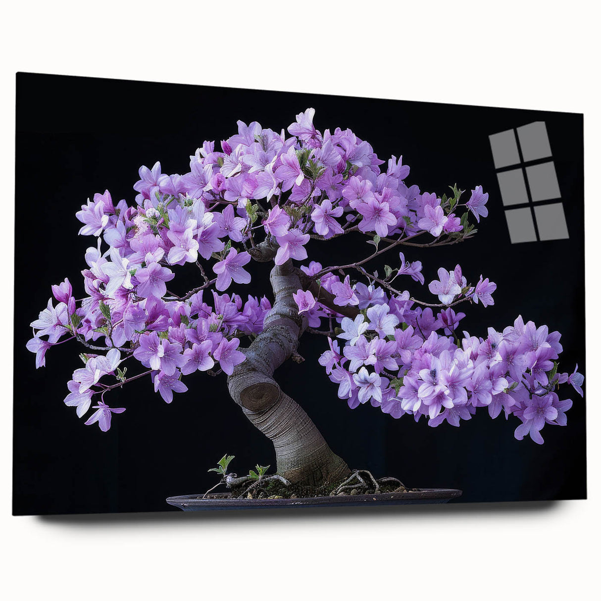 Botanical bonsai tree wall art design displayed in acrylic glass, showcasing intricate floral details and vibrant colors from a side view, ideal for home decor.