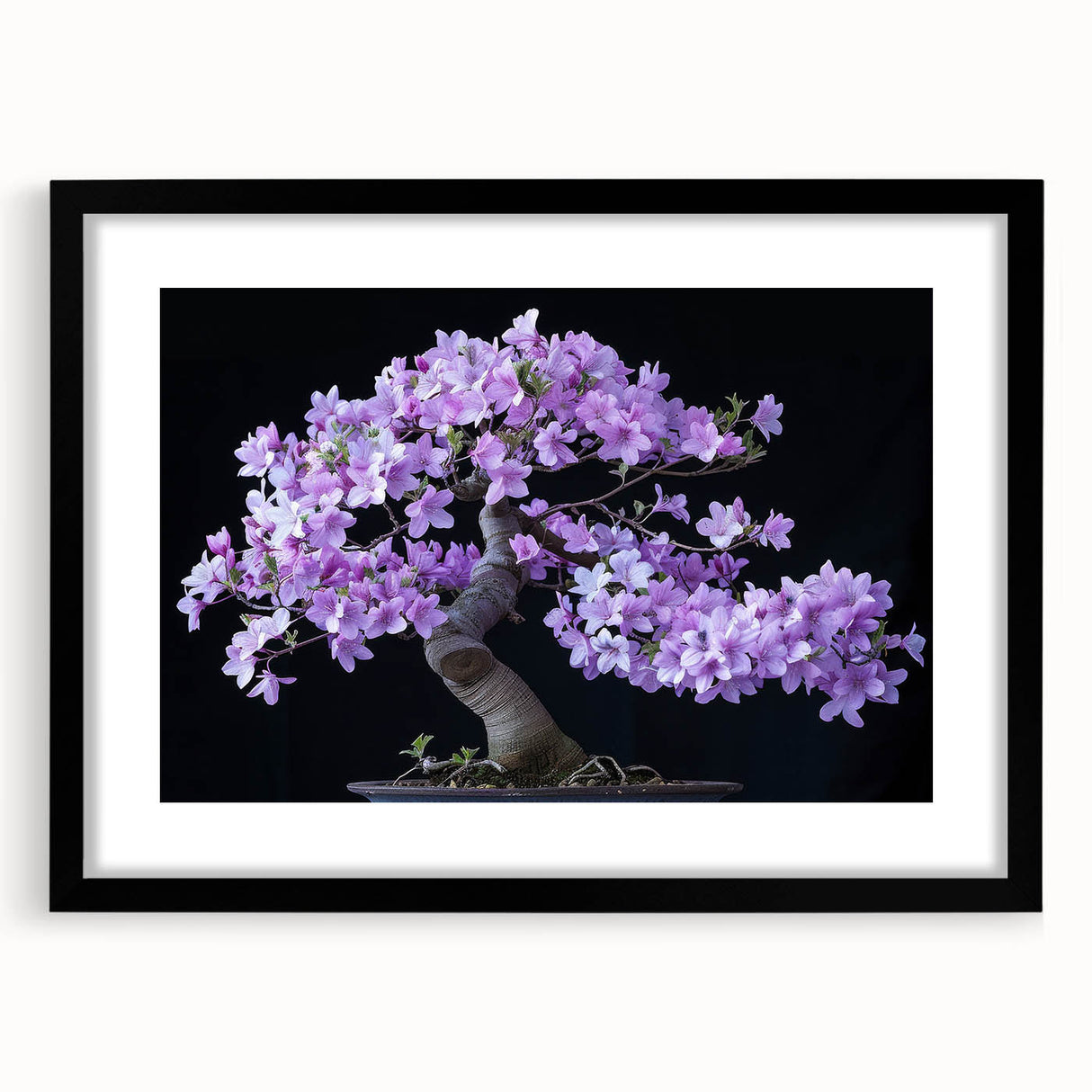 Botanical bonsai tree wall art collection framed with a black mat, showcasing a vibrant floral design, perfect for home decor and nature enthusiasts.
