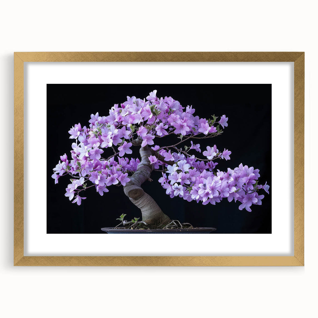 Botanical bonsai tree wall art framed in gold, showcasing intricate floral designs and a mat for a sophisticated touch, perfect for home decor.