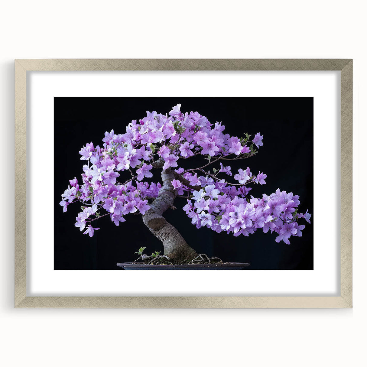 Botanical bonsai tree wall art print in a silver frame with matting, showcasing intricate floral details and a modern aesthetic, perfect for home decor.