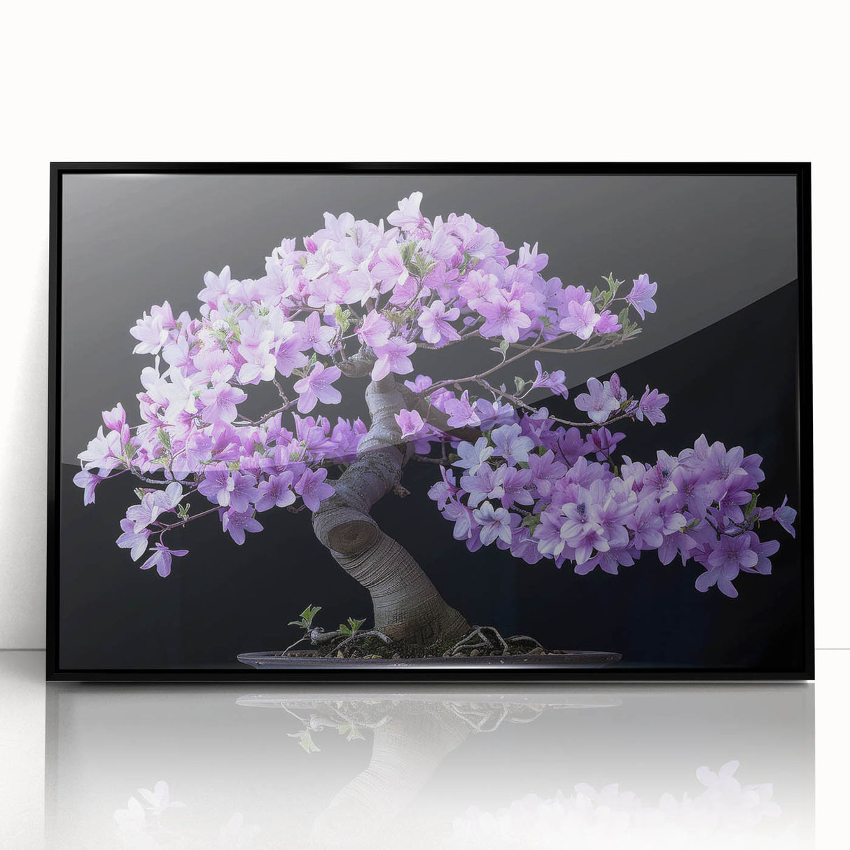 Framed wall art featuring a botanical bonsai tree design in vibrant colors, set against a sleek black background; ideal for modern home decor.