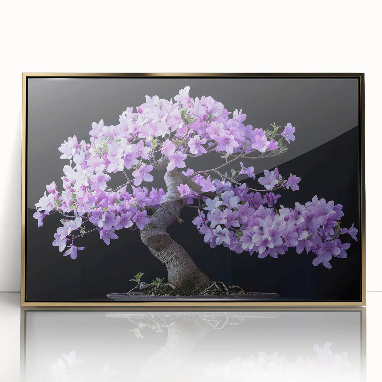 Framed wall art featuring a botanical bonsai tree design in gold acrylic, showcasing intricate floral details and vibrant colors, perfect for home decor.