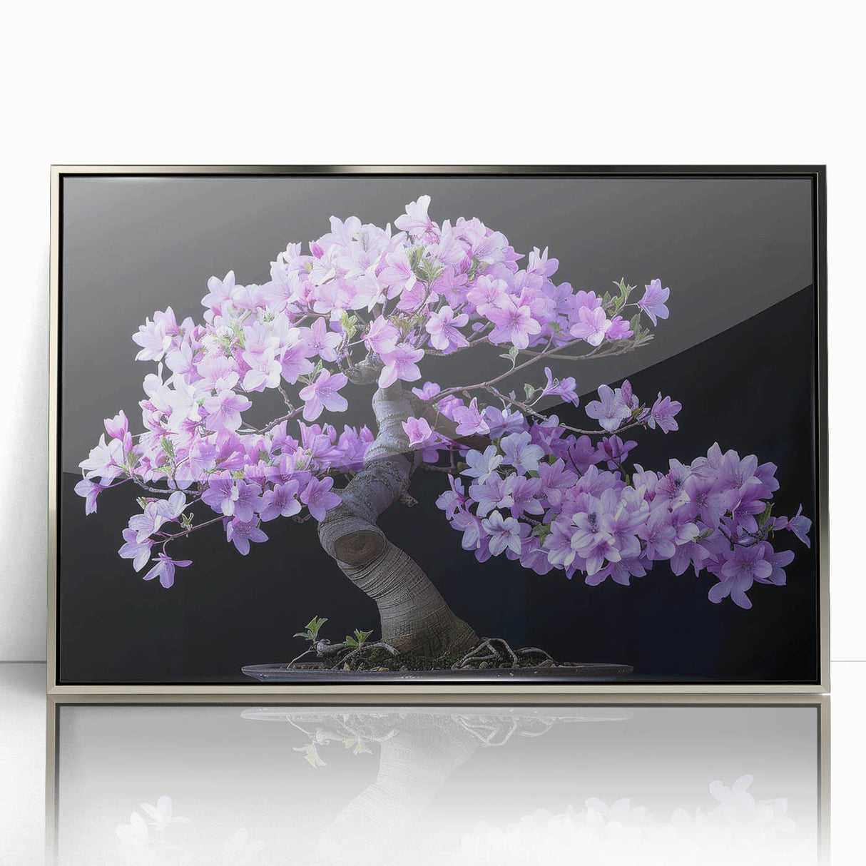 Framed wall art featuring a botanical bonsai tree design with vibrant flowers and intricate details, presented in a sleek silver frame, perfect for home decor.