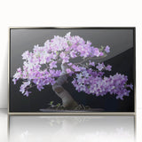 Framed wall art featuring a botanical bonsai tree design with vibrant flowers and intricate details, presented in a sleek silver frame, perfect for home decor.