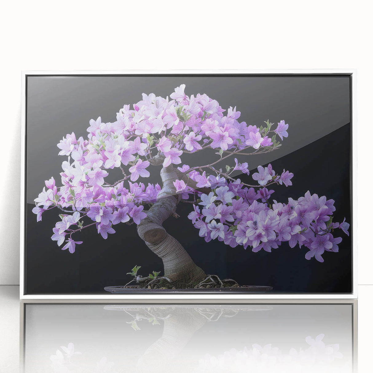 Framed wall art featuring a botanical bonsai tree design, elegantly displayed with white borders, perfect for adding a touch of nature-inspired decor to any space.