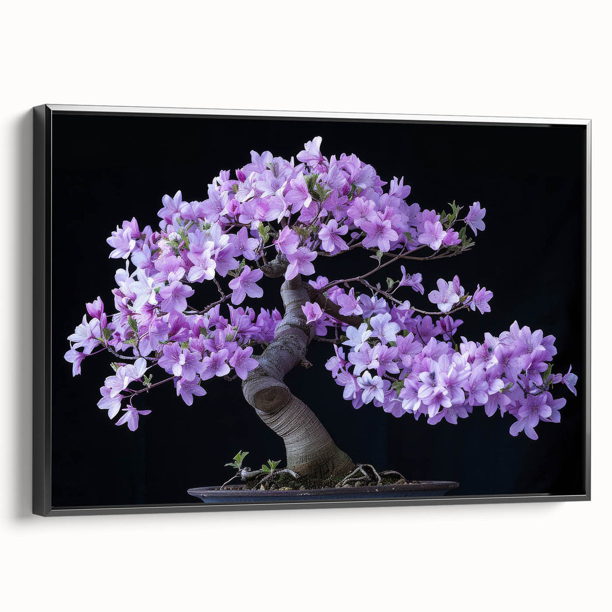 Framed wall art featuring a botanical bonsai tree design in vibrant colors, presented in a sleek black frame, perfect for home decor and nature enthusiasts.