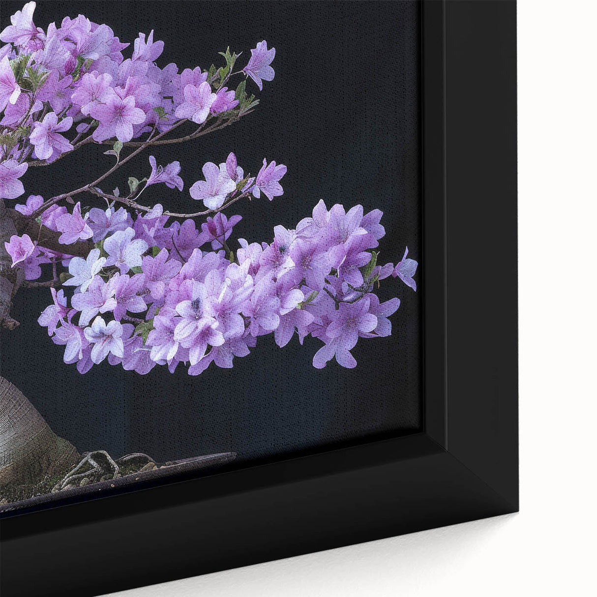 Framed canvas wall art showcasing a close-up of a botanical bonsai tree design, featuring vibrant colors and intricate details, perfect for home decor.
