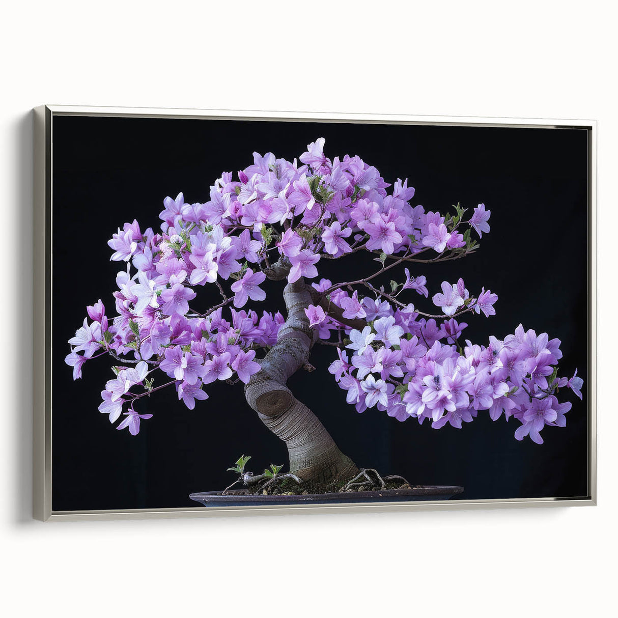 Framed botanical wall art featuring a bonsai tree design in silver, showcasing intricate floral details and a modern aesthetic, perfect for home decor.