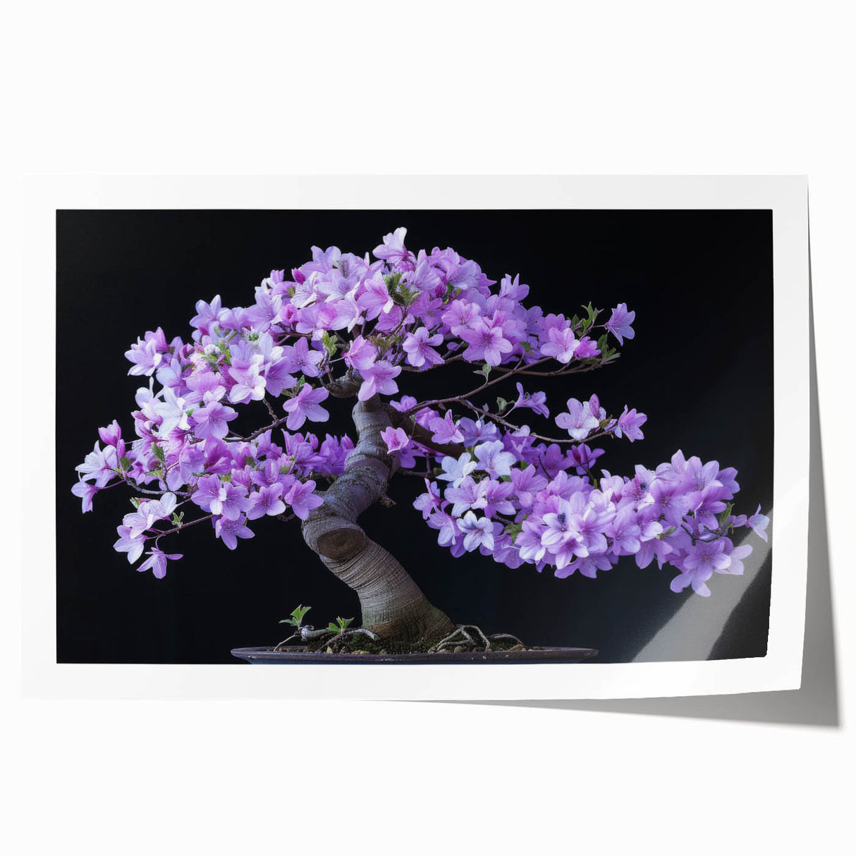 Botanical bonsai tree wall art print showcasing intricate floral designs in vibrant colors, perfect for home decor. Rolled and ready for framing.