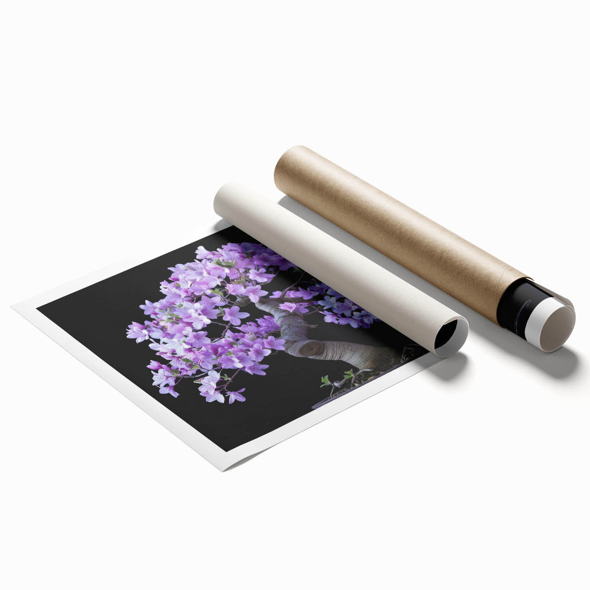 Botanical bonsai tree design wall art print showcasing intricate floral patterns in vibrant colors, rolled and ready for display, perfect for home decor enthusiasts.