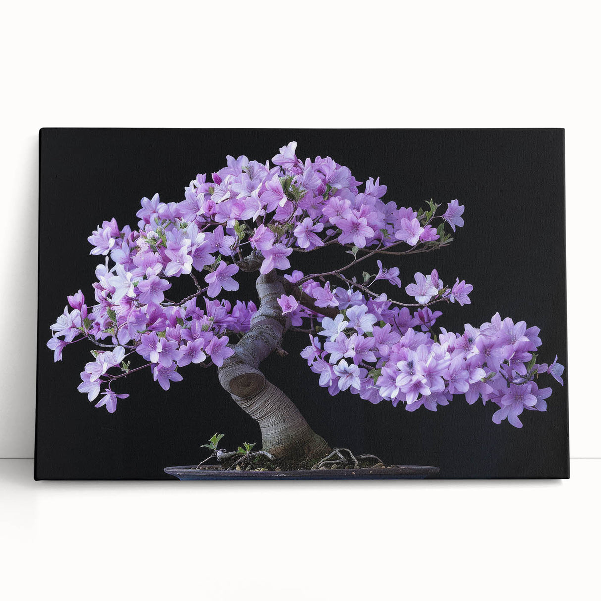 Stretched canvas wall art showcases a vibrant botanical bonsai tree design, featuring intricate floral details and rich colors, ideal for home decor enhancement.