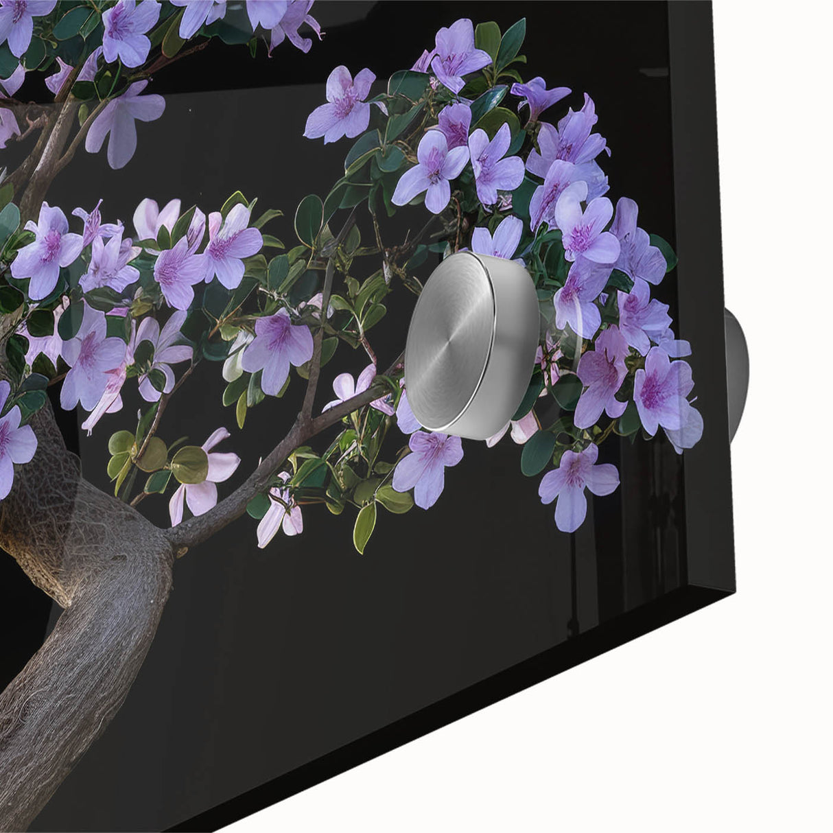 Close-up of a vibrant botanical bonsai tree wall art piece, showcasing intricate details and colors, designed for home decor in modern settings. Perfect for nature enthusiasts.
