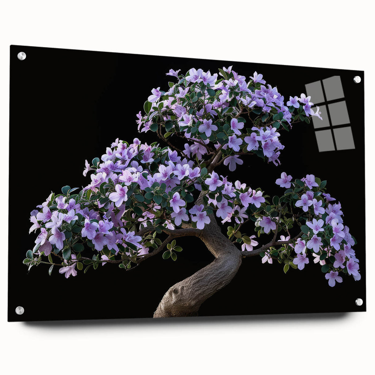 Acrylic glass wall art featuring a botanical bonsai tree design, showcasing intricate floral details and vibrant colors, ideal for home decor and nature enthusiasts.