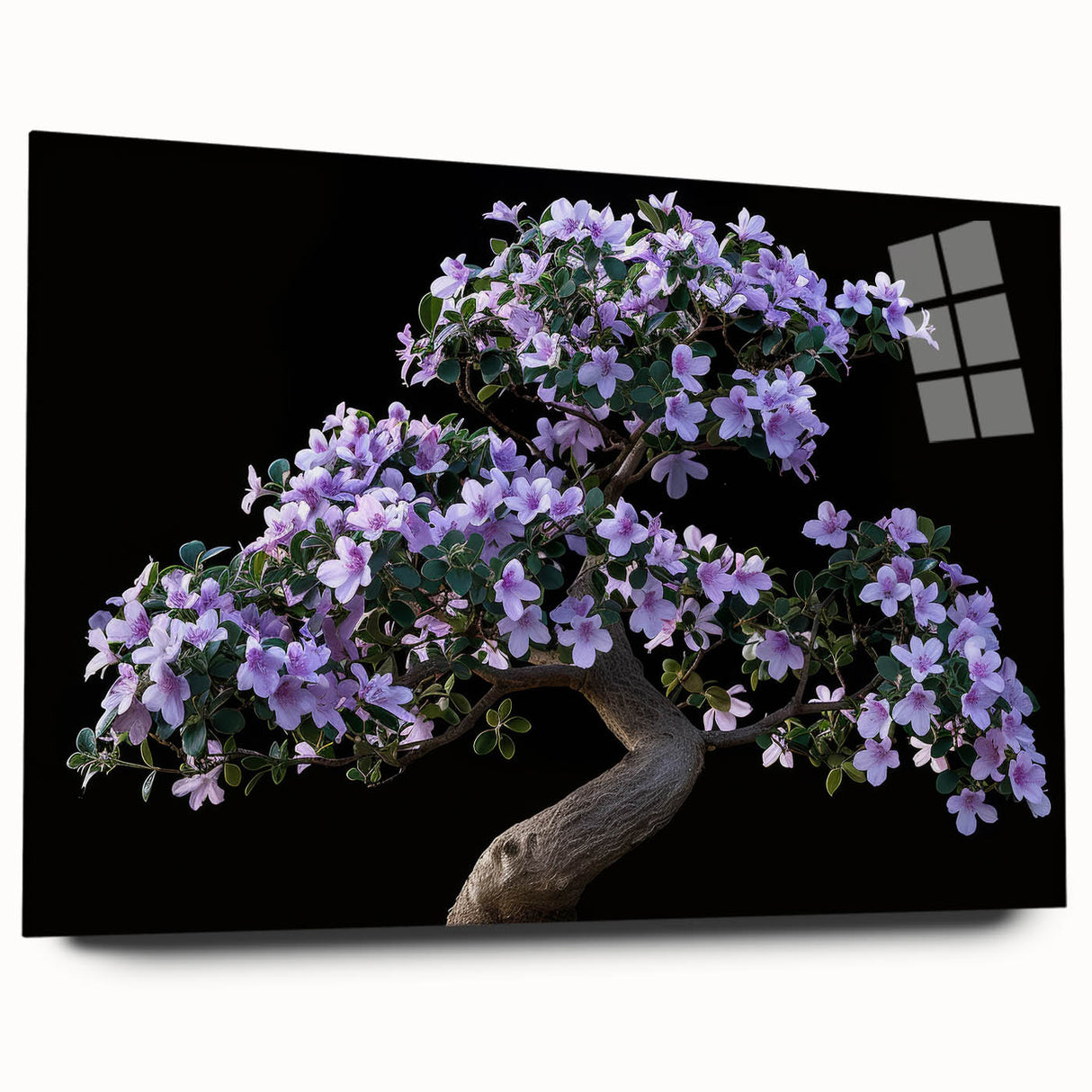 Botanical bonsai tree wall art design displayed in an elegant acrylic frame, showcasing intricate floral details and vibrant colors, perfect for home decor.