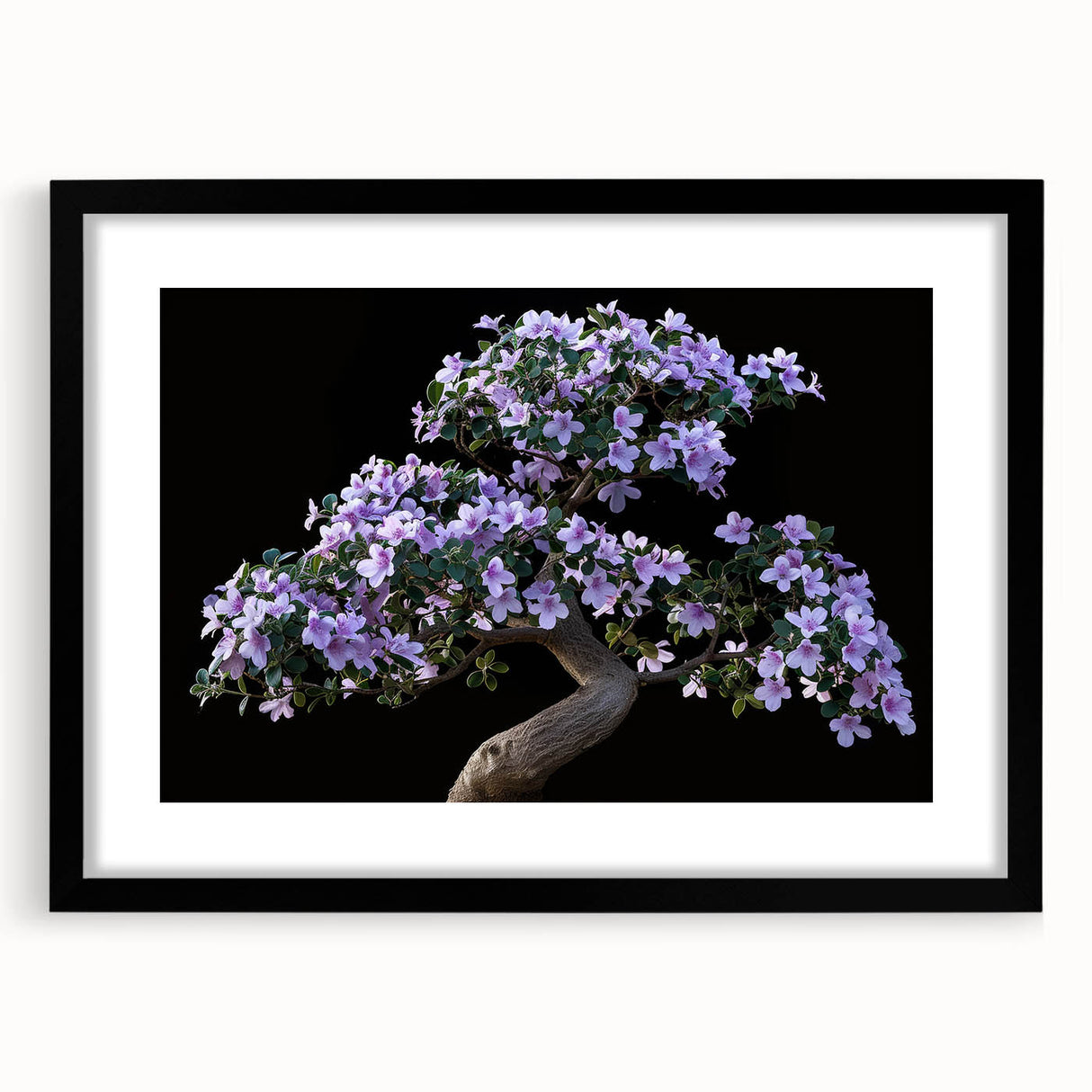 Botanical bonsai tree wall art design framed in black, featuring vibrant floral elements and a matte finish, ideal for home decor and nature-themed interiors.
