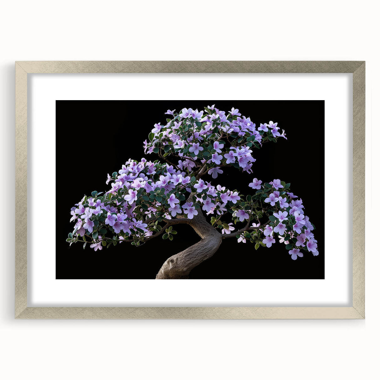 Botanical bonsai tree wall art print showcasing vibrant flowers and intricate details, framed in silver with a mat for elegant presentation, ideal for home decor.