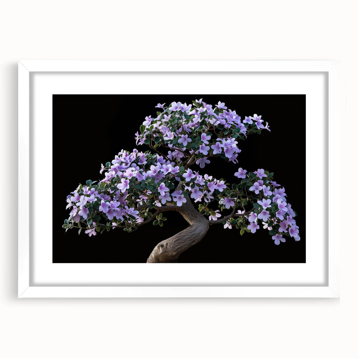 Botanical bonsai tree wall art print featuring vibrant flowers and intricate details, framed with a white mat for an elegant display, perfect for home decor.