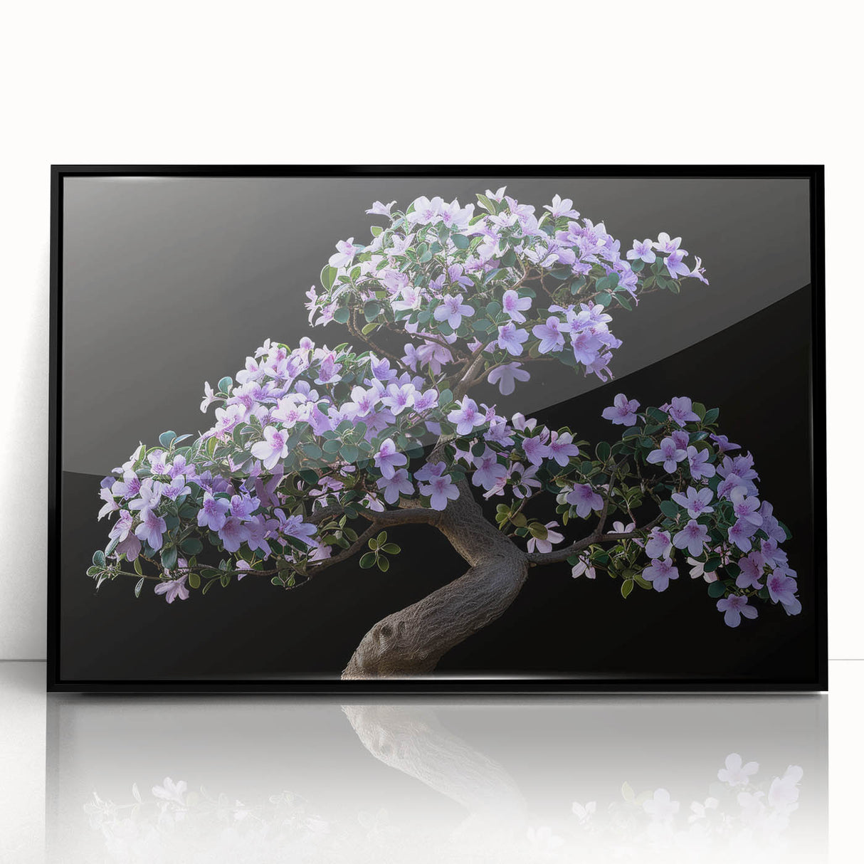 Framed wall art featuring a botanical bonsai tree design, showcasing vibrant flowers with a sleek black frame, perfect for modern home decor.