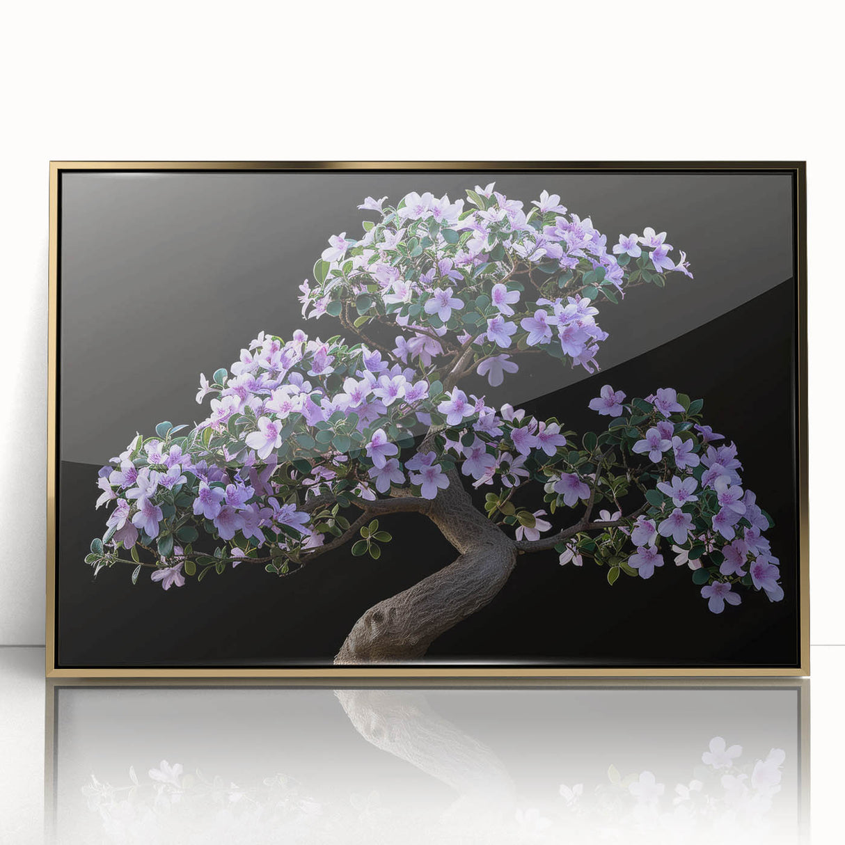 Framed wall art showcasing a botanical bonsai tree design with vibrant flowers, set in a gold frame, perfect for enhancing home decor. The piece features intricate details that bring a touch of nature indoors, ideal for art enthusiasts and collectors.