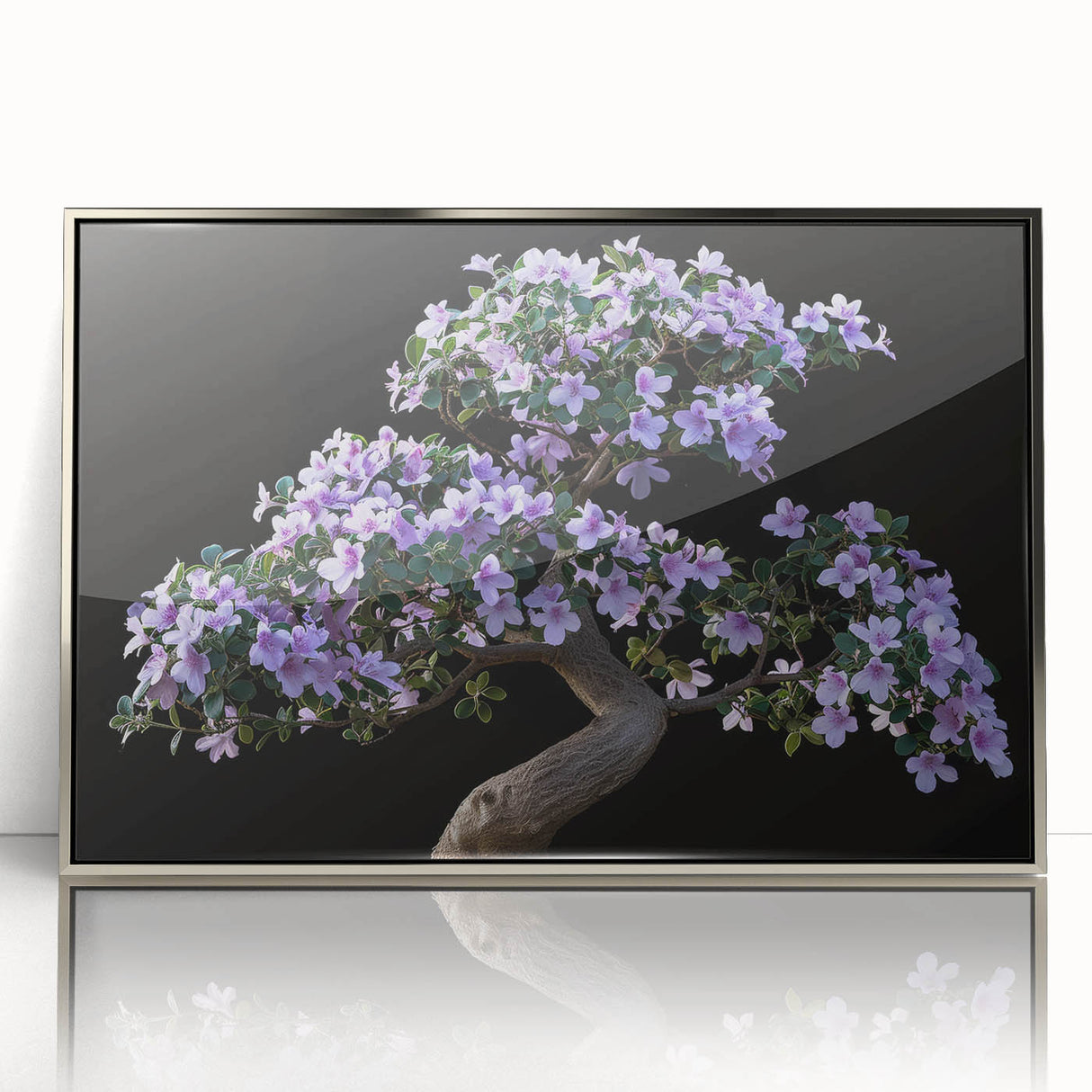 Framed wall art featuring a botanical bonsai tree design in vibrant colors, showcased in an elegant silver frame, perfect for modern home decor.