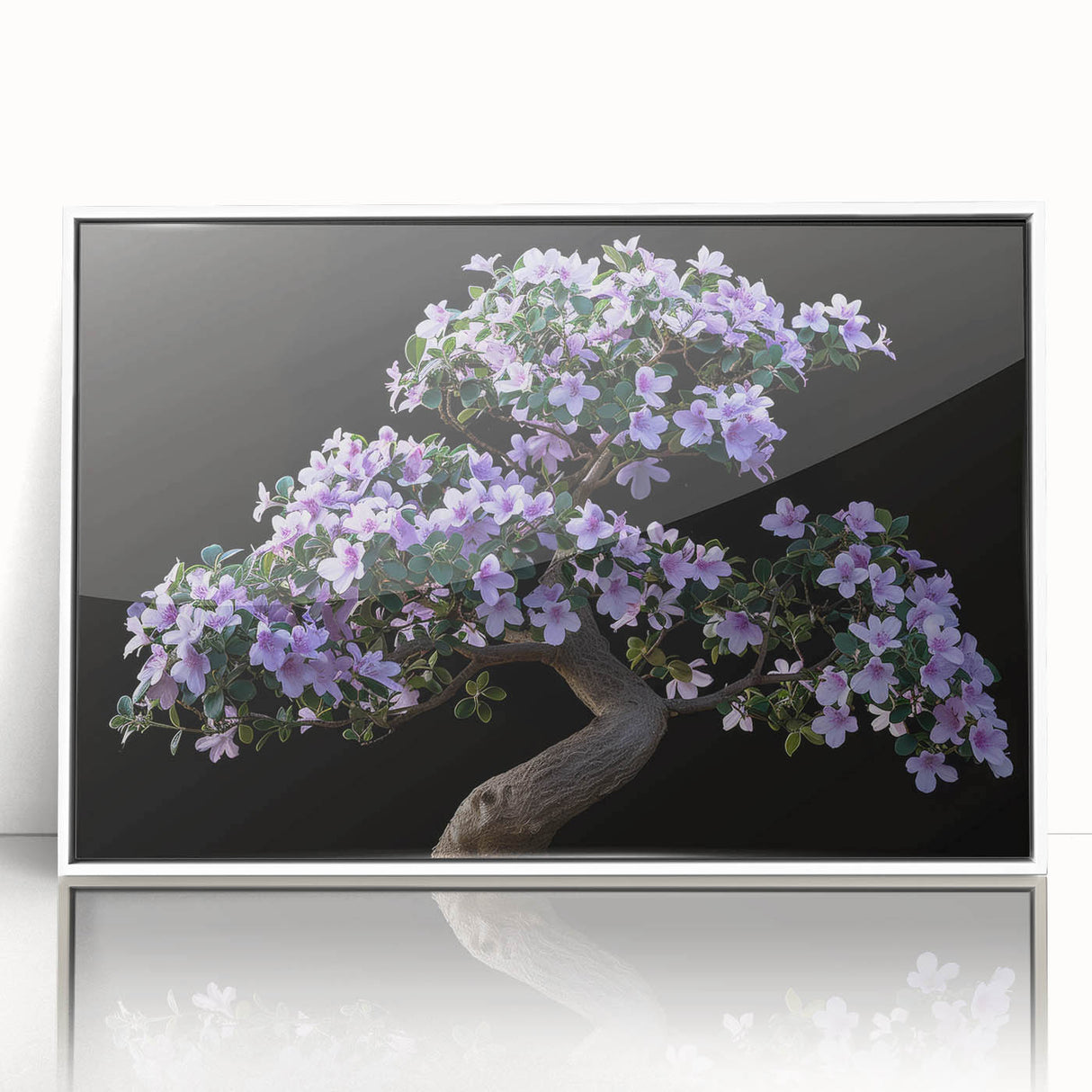 Framed wall art featuring a botanical bonsai tree design with vibrant flowers, set against a white background, perfect for home decor enthusiasts seeking nature-inspired aesthetics.