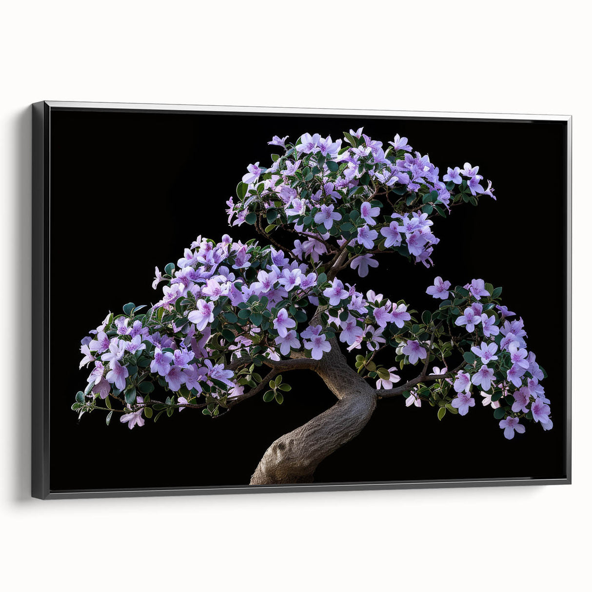 Framed wall art featuring a botanical bonsai tree design in vibrant colors, displayed from a black side view, ideal for home decor and nature enthusiasts.