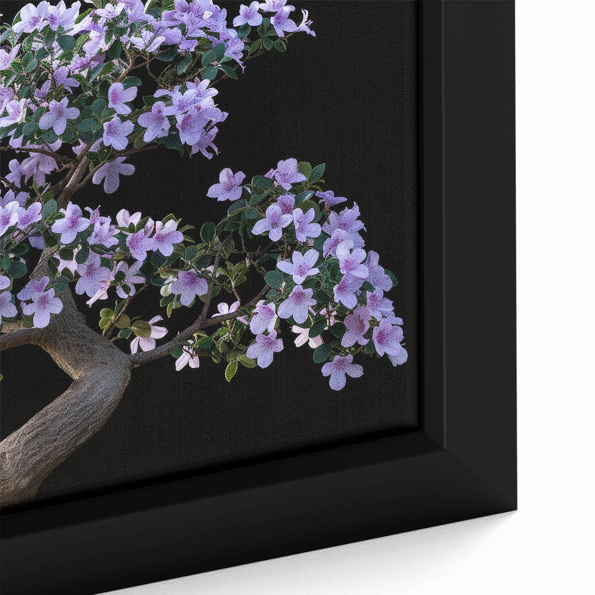 Framed canvas artwork showcasing a detailed botanical bonsai tree design, featuring vibrant colors and intricate textures, perfect for home decor or nature enthusiasts.
